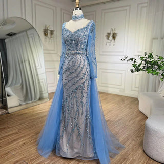 Arabia Blue Mermaid Elegant With Overskirt Luxury Dubai Evening Dress Gown for Women Wedding Party 2024