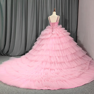 Tiered Pink Tulle Ball Gown - V-Neck Pleated Evening Dress with Crystal Beadings