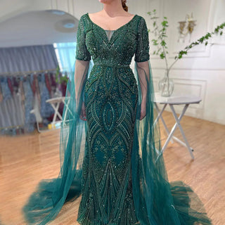 Emerald Elegance: 2024 Luxury Evening Dresses with Cape Sleeves in Rose Gold and Gray