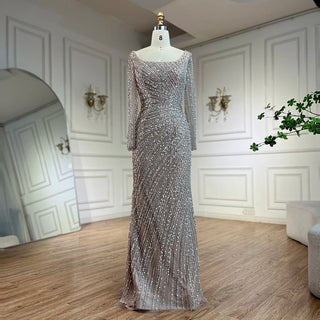 Arabic Dubai Silver Gray Mermaid Evening Dress - 2025 Luxury Beaded Gown with Detachable Skirt for Women's Party