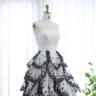 Luxury Black and White Ball Gown - Dubai Evening Dress with Elegant Ruffles for Weddings and Engagement Parties