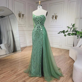 Green Mermaid Evening Gown 2024: Spaghetti Straps, High Split, Beaded Sequined for Women's Party