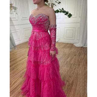 Fuchsia A-Line Elegant Sweetheart Off-Shoulder Tiered Beaded Evening Dress: 2024 Prom Gown for Women's Party