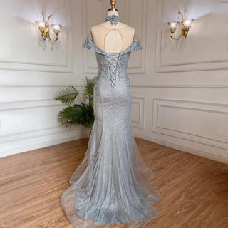 Luxurious Silver Mermaid Evening Dress - Pearls and Beaded Elegance for Women's Wedding Party