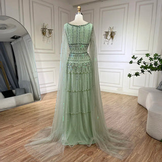 Ships in 1 to 3 Days - Arabic Sage Green A-Line Beaded Luxury Dubai Long Evening Gown with Cape Sleeves for Women