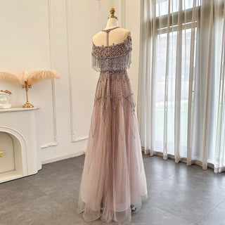 Pink A-Line O-Neck Tassel Elegant Beaded Luxury Dubai Evening Dresses Gowns For Women Party 2024