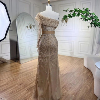 Ships in 1 to 3 Days - Arabic Nude Mermaid Evening Gown: One-Shoulder Beaded Luxury Dubai Design for Women's Wedding Party