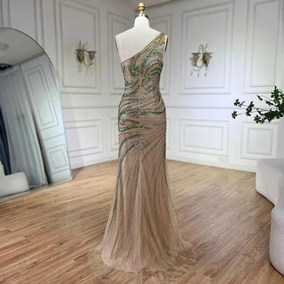 Emerald Enchantment: 2024 Green One Shoulder Mermaid Evening Gown with Long Cloak - Luxury Beaded Dress for Women's Wedding Party