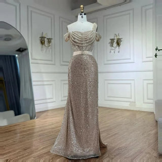 Ships in 1 to 3 Days - Arabic Nude Mermaid One-Shoulder Beaded Luxury Dubai Evening Dress - Gown for Women's Wedding Party 2024