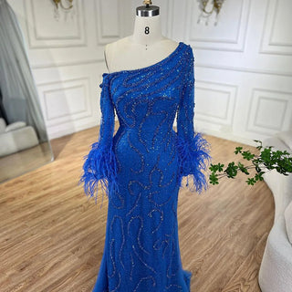 Ships in 1 to 3 Days - Blue Mermaid Elegant One-Shoulder Beaded Feathers Luxury Evening Dress Gown for Women's Wedding Party 2024