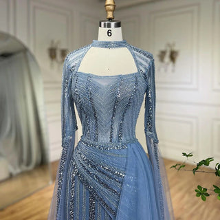 2024 Blue Mermaid Evening Gowns Luxury Beaded High Split Cape Sleeves Long Dresses for Women's Wedding Party