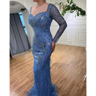 Arabic Blue Mermaid Elegant Feather Beaded Evening Dress: Sophisticated Gown for Women's Party 2024