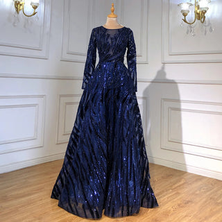 Navy Elegance: 2024 Muslim A-Line Evening Gown with Crystal Embellishments and Long Sleeves - Perfect for Women's Parties