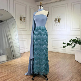 2024 Arabic Blue Ankle-Length Mermaid Evening Gown with Long Cloak - Beaded Luxury, Perfect for Women's Wedding Parties