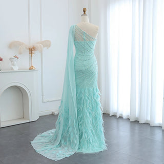 Luxury Feather Turquoise Aqua One Shoulder Mermaid Evening Dress with Cape Train Long Prom Wedding Party Gowns