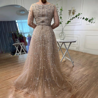 Dubai Arabic Designer Luxury Nude A-Line Beaded Evening Dress - Women's Wedding Party Gown (2024)