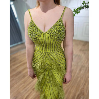 Sunny Meadow Mermaid Evening Gown - Yellow and Green Feathers, Beaded, Ankle-Length for Women's Party 2024