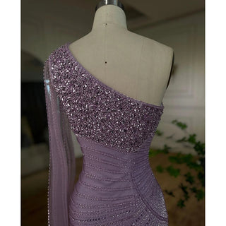 Lilac Mermaid Elegant One-Shoulder High Split Beaded Evening Dress - Women's Wedding Party 2024