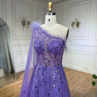 Lilac A-Line One Shoulder Cape Sleeves Feathers Beaded Luxury Evening Dresses: Gowns for Women's Wedding Part