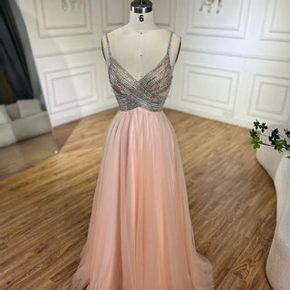 Ships in 1 to 3 Days - 2024 Arabic Peach Elegant Spaghetti Strap Beaded A-Line Prom Dress for Women | Wedding Party