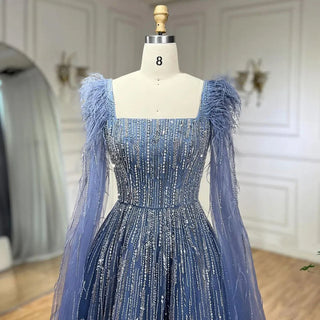 Luxury Dubai A-Line Blue Evening Dress with Cape Sleeves - Feathers Beaded Gown for Women's Wedding Party (2024)