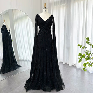 Exquisite 2024 Arabic Mermaid Evening Gowns in Luxurious Black: Featuring Cape Sleeves and Beaded Details for Women's Wedding and Party Attire in Dubai