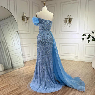 Blue One-Shoulder Beaded Pearls Mermaid Evening Dress Gown with Split for Party