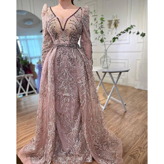 Dubai Dreams: Luxury Pink Overskirt Evening Dress with Long Sleeves, Ideal for Elegant Plus Size Women at Weddings and Formal Parties.