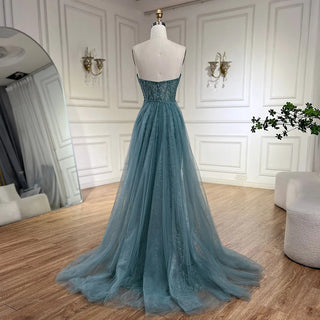 Ships in 1 to 3 Days - Arabic Turquoise Strapless High-Split Mermaid Beaded Luxury Evening Gown for Women Wedding Party 2024