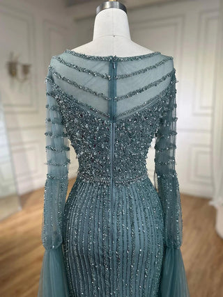 Ships in 1 to 3 Days - Arabic Turquoise Mermaid Elegant Evening Dress Gown 2024: Beaded Cape Sleeves, Luxury for Women Wedding Party