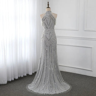 Ships in 1 to 3 Days - Silver Halter Sleeveless Evening Dress - Luxury Mermaid Beading Sequined Gown