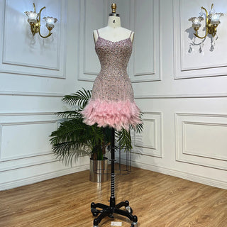 Elegance in Pink: 2024 Mermaid Mini Evening Dress with Sweetheart Neckline, Spaghetti Straps, Beading, and Feather Detail - Perfect for Women's Parties