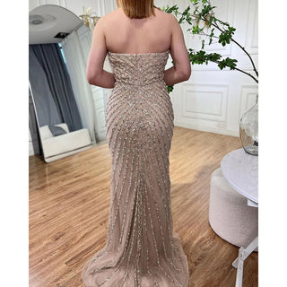 Caramel High Split Off Shoulder Mermaid Evening Dress - Beaded Gown for Women Wedding Party 2024