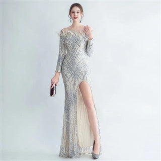 Off-Shoulder Feather Sequin Full Sleeve Evening Dress - Long Party Maxi Dress