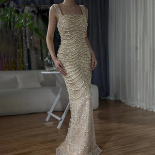 Arabic Nude Spaghetti Strap Mermaid Pearls Beaded Evening Gown for Women | Wedding Party 2025