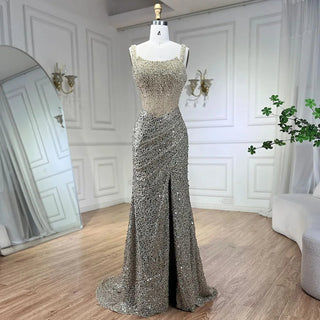 Ships in 1 to 3 Days - Beige Mermaid Floor-Length Evening Gown - Luxury Beaded Crystal Spaghetti Strap Party Dress for Women (2024)