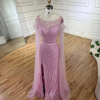 Ships in 1 to 3 Days - 2024 Pink Cape Sleeves Dubai Evening Gown Mermaid with Side Skirt and Feather Beaded Dress for Women's Party