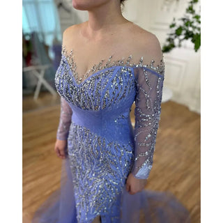 Stunning Dubai Blue Mermaid Evening Dress - Sexy High Split with Skirt Beaded Gown for Women's Wedding Party 2024