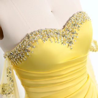 Elegant Sweetheart Yellow Satin Evening Dress - Beaded Pearls Gown with Gloves for Arabic Women’s Wedding Parties