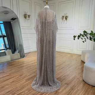 Ships in 1 to 3 Days - Luxury Dubai Silver Nude Mermaid Evening Dress with Cape Arabic Gowns with Beaded Details for Women's Party 2024