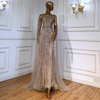 Cocoa Splendor: Brown Mermaid Gown with Beaded Cape Sleeves – 2024 Luxury Evening Collection