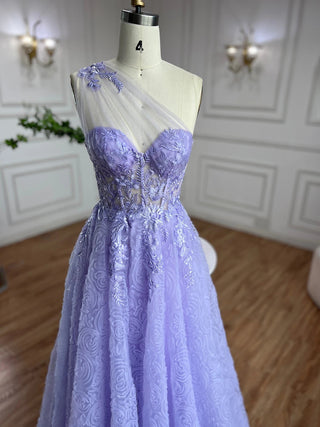 2024 Arabic Lilac One-Shoulder A-Line Lace Appliques Luxury Prom Dress for Women's Party