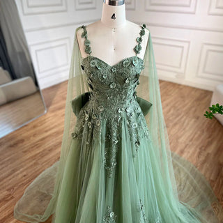 2024 Arabic Sage Green Spaghetti Strap Lace-Up Bow A-Line Appliques Prom Dress for Women Wedding Party