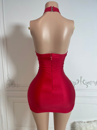 Dazzling Red Sequin and Bead Embellished Mini Dress with Sheer Panels and High Neck