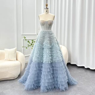 Chic Blue Ombre Tiered Ruffles: Luxury 2024 Dubai Ball Gown Evening Dresses