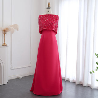 Elegant Off-Shoulder Fuchsia Arabic Evening Dress with Cape for Women Wedding Party Dubai Formal Prom Gowns