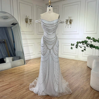 Dubai White Nude Strapless Mermaid Luxury Evening Dresses Gowns Pearls Beaded for Women Wedding Party 2024