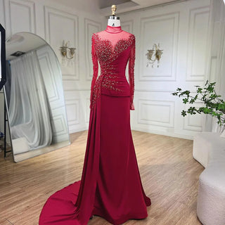 2024 Rose Gold Long Sleeve High Neck Mermaid Evening Gown with Side Skirt: Stain Elegance for Women's Party Glamour