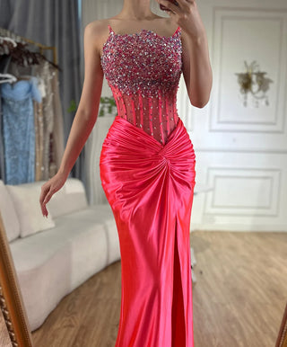 Ships in 2 to 5 Days -2025 Arabic Fuchsia Strapless Side Slit Beaded Mermaid Luxury Dubai Evening Gown for Women's Party