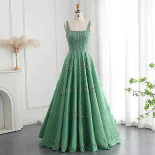 Luxury Beaded Dubai Green Evening Gown with Spaghetti Straps - Arabic Wedding Party Dress